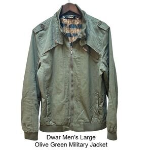 Dwar Mens‎ Large Olive Green Military Bomber Jacket Quilted Shoulder Mock Neck